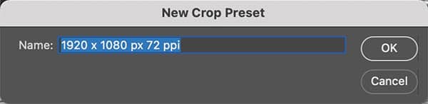 New Crop Preset dialog in Photoshop