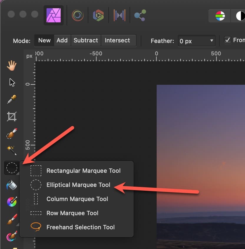 Selecting the Eliptical Marquee Tool in the Affinity Photo Tools Palette