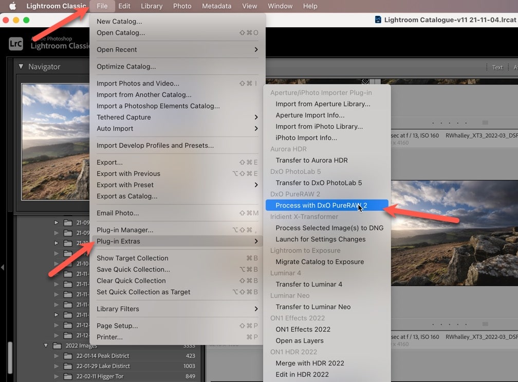 Selecting DxO PureRAW 2 in the Lightroom menu to process a RAW file
