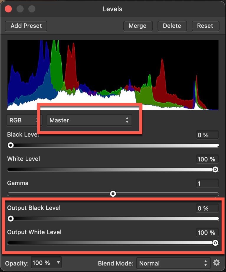 Levels Dialog black and white output levels