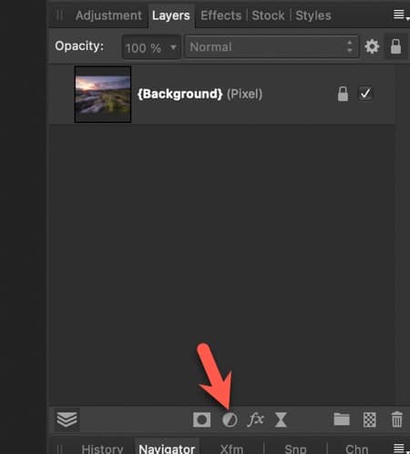 Adding a new black and white adjustment layer in the layers studio panel