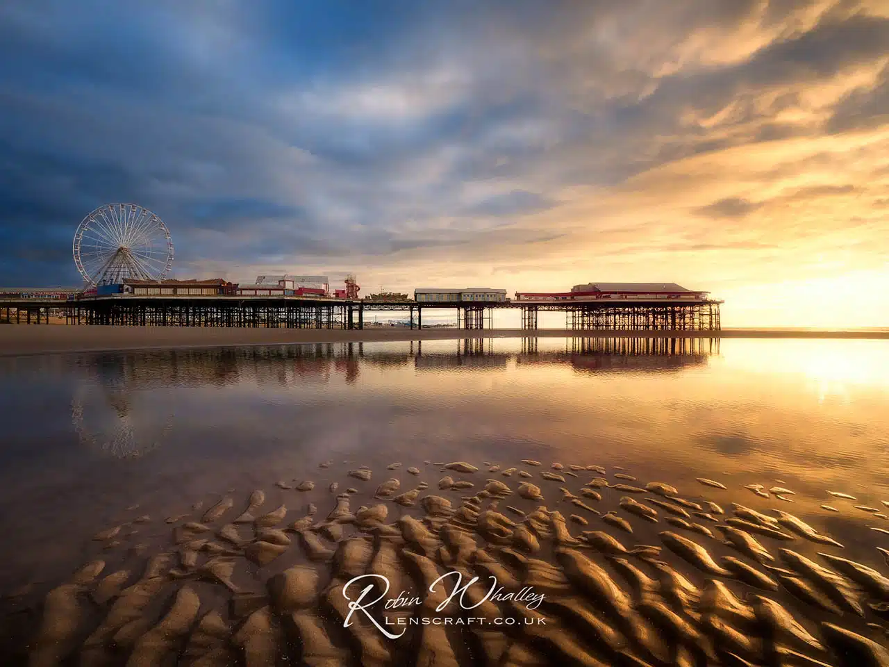 Blackpool Central Pier at sunset showing a beautiful glow effect