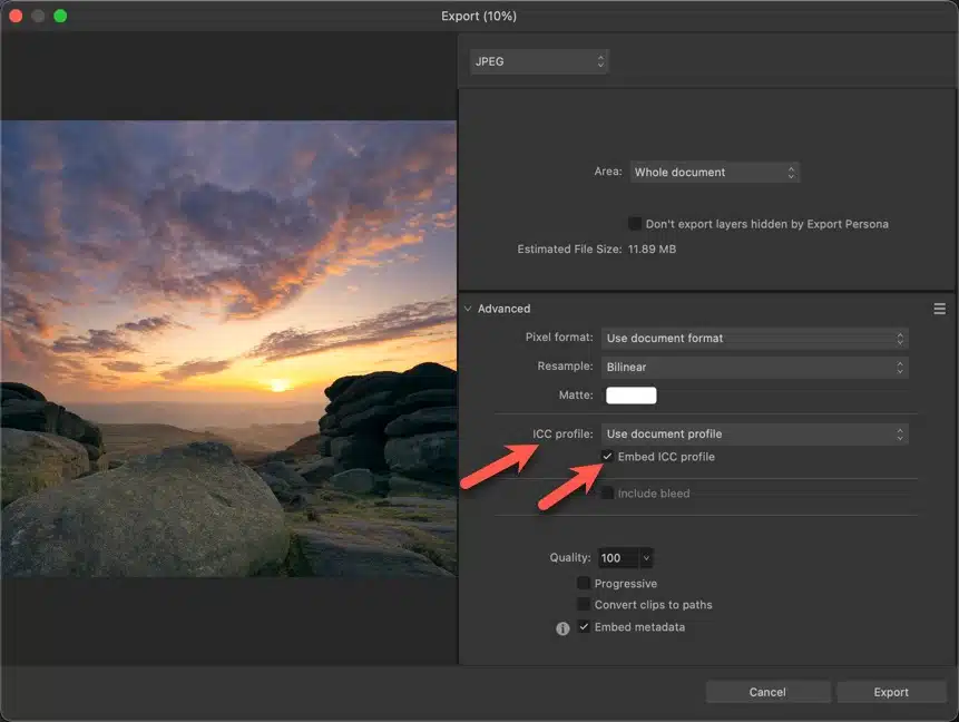 Setting the ICC Profile of the file when exporting to Instagram