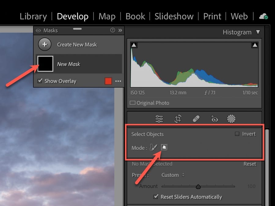 Activating the Select Objects tool in Lightroom adds a new mask