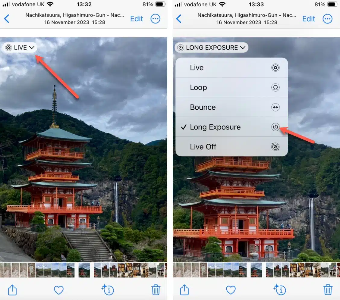 Selecting the long exposure option on the iPhone in the Photo App