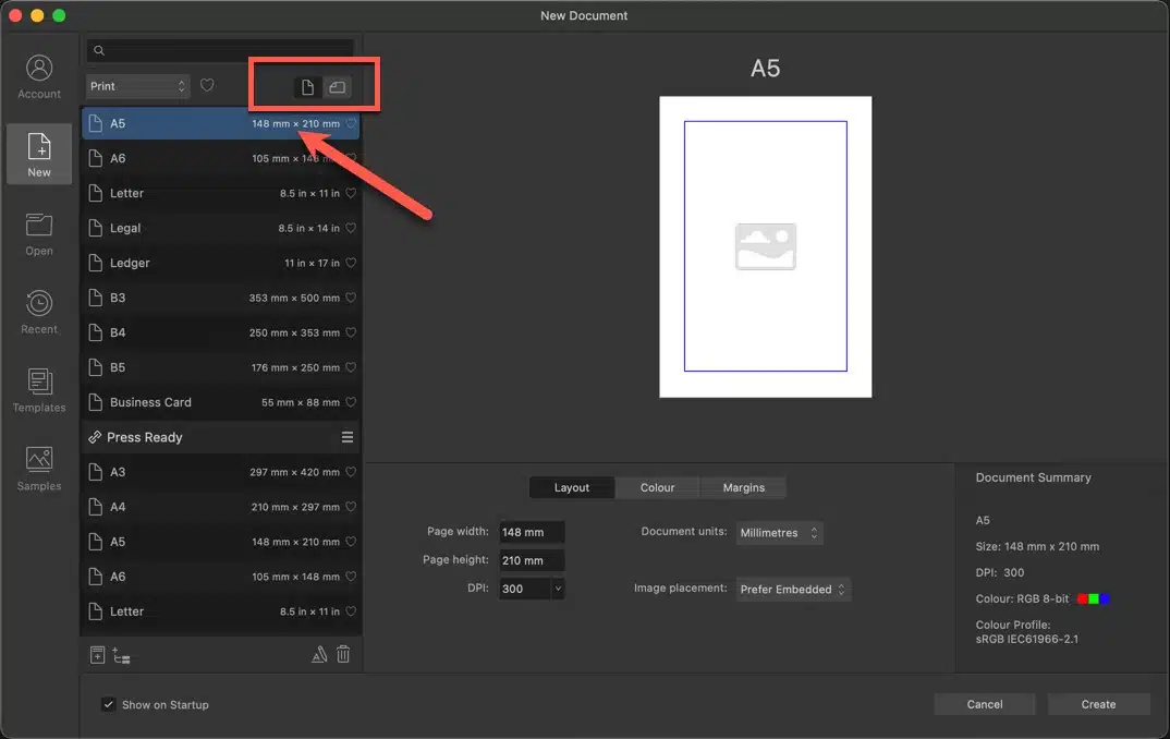 New Document dialog in Affinity Photo which is used to create a blank document for the greeting card template